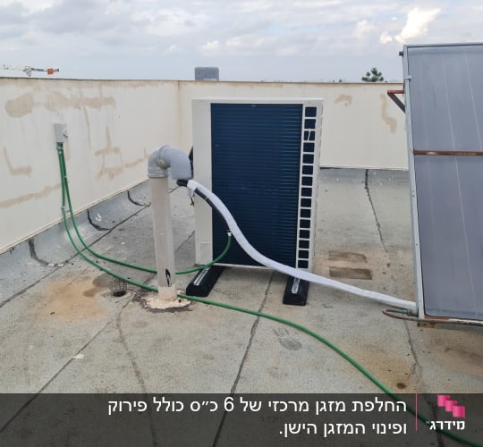 יחידת מיזוג אוויר על גג עם צינורות ירוקים